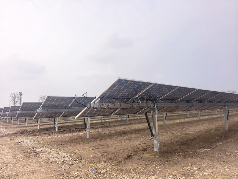A fully installed Single Axis Solar Tracking System, showcasing the neat arrangement and robust construction designed for long-term use