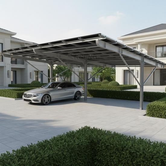 Strong carbon steel construction in a solar carport design for secure, sustainable parking